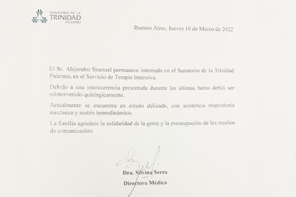 El nuevo parte médico de Alejandro Stoessel