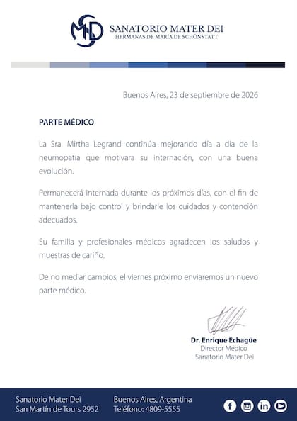 El nuevo parte médico de Mirtha Legrand