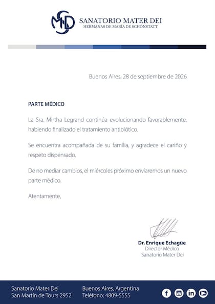 El nuevo parte médico de Mirtha Legrand