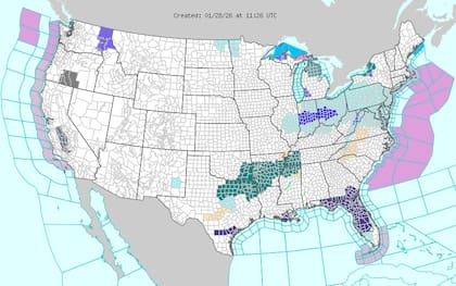 El NWS advierte que el aire frío sobre los Grandes Lagos generará intensas bandas de nieve localizadas en las zonas a sotavento, un fenómeno que se mantendrá activo al menos hasta el viernes