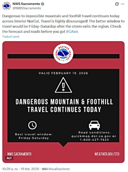 El NWS advierte sobre no viajar este jueves por los peligros derivados de la tormenta invernal