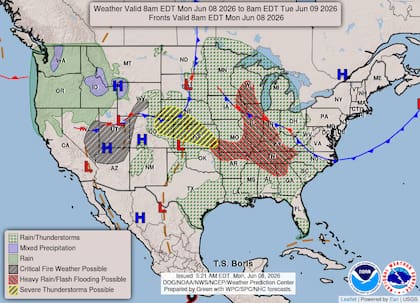 El NWS determinó un Riesgo Leve de lluvias excesivas para las cuencas media y baja del Mississippi, el valle de Tennessee, el valle de Ohio y porciones de las Llanuras Centrales y del Sur