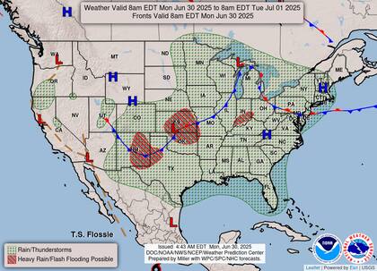 El NWS emitió un nivel de riesgo 2/4 por lluvias excesivas en las Llanuras centrales y del sur, con posibles inundaciones en Oklahoma, norte de Texas, Kansas y partes de Nuevo México y Colorado