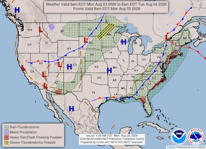 El NWS fijó un riesgo leve (nivel 2 de 4) por precipitaciones excesivas en tres zonas: el norte del Atlántico Medio, Nueva Inglaterra, las Carolinas y la costa del Golfo en Florida