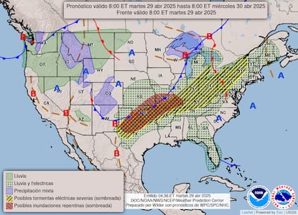 El NWS mantiene alerta moderada por acumulaciones de 50-100 mm en suelos saturados del norte de Texas, Oklahoma y Arkansas