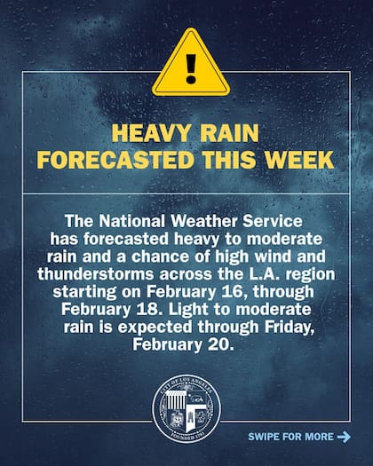 El NWS pronostica lluvias fuertes a moderadas y probabilidad de fuertes vientos y tormentas eléctricas en la región de Los Ángeles
