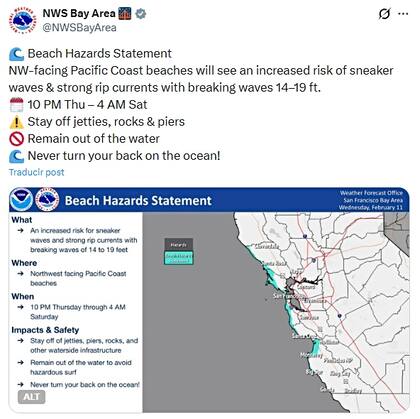 El NWS recomienda mantenerse alejado de embarcaderos, rocas y muelles