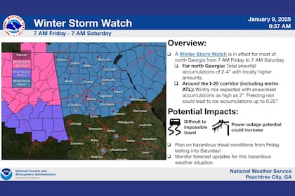 El NWS reporta que las áreas bajo advertencia de tormenta invernal en el área metropolitana de Atlanta podrían recibir hasta 15 cm de nieve