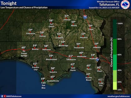 El NWS Tallahassee informó que una masa de aire seco del norte desplazó la humedad reciente, lo que resultará en temperaturas mínimas que descenderán hasta 55 °F (12,7 °C) en el interior y 64 °F (17,7 °C) en áreas costeras
