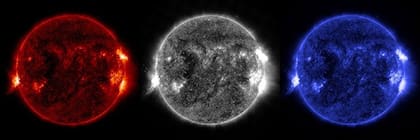 El Observatorio de Dinámica Solar de la NASA capturó esta imagen de una llamarada solar —que se aprecia como el brillante destello de la izquierda— el 4 de julio de 2026