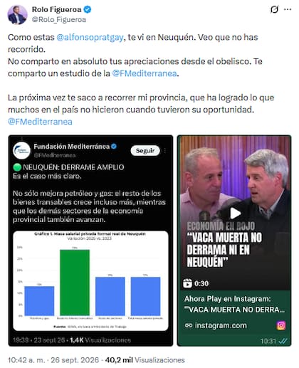 El ogobernador Rodolfo Quiroga respondió a las declaraciones de Alfonso Prat-Gay, quien señaló que "Vaca Muerta ni derrama ni en Neuquén"