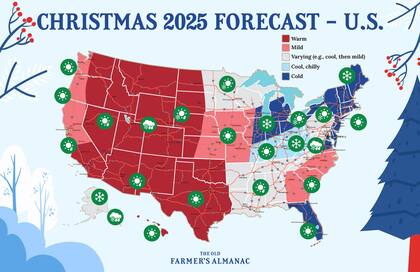 El Old Farmer's Almanac identifica el noreste, Medio Oeste Superior, Grandes Lagos, Valle del Ohio oriental y Alaska como las áreas con mayores probabilidades de nieve durante la semana navideña de 2025