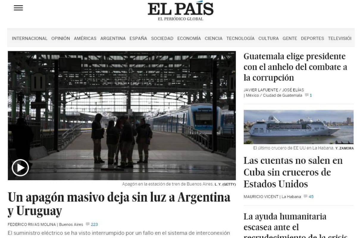 El País, de España, informa del apagón masivo por un fallo en el sistema de interconexión