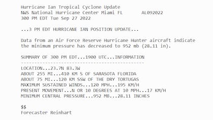 El parte actualizado del Centro Nacional de Huracanes de Estados Unidos