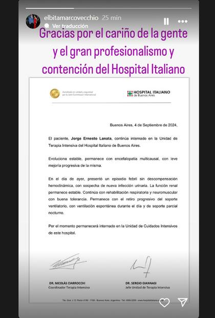El parte del Jorge Lanata que compartió Elba Marcovecchio en sus redes sociales