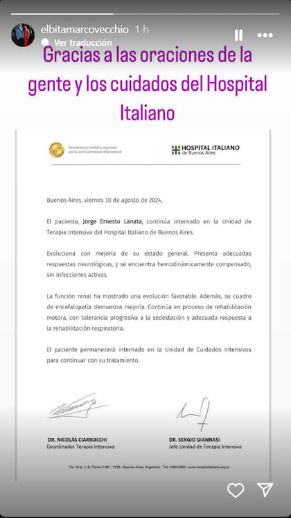 El parte fue compartido por Elba Marcovecchio, esposa de Jorge Lanata, en su cuenta de Instagram