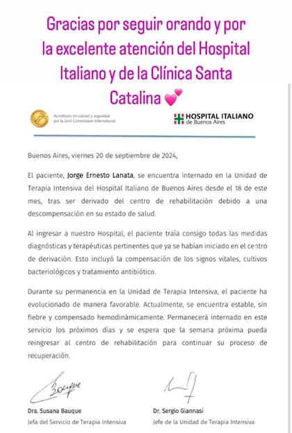 El parte fue difundido por Elba Marcovecchio