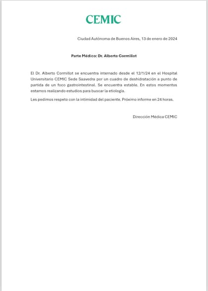 El parte médico de Cormillot.