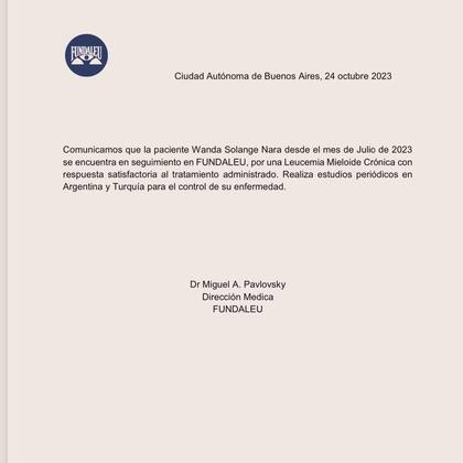 El parte médico de Fundaleu que confirmó que Wanda Nara tiene leucemia mieloide