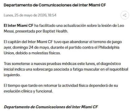 El parte médico de Messi: qué tipo de lesión tiene y cuánto tiempo de recuperación necesita