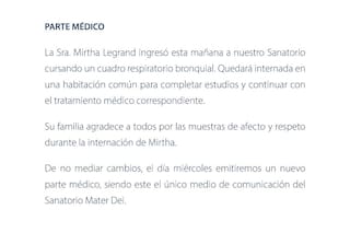 Dieron a conocer el primer parte médico de la salud de Mirtha Legrand
