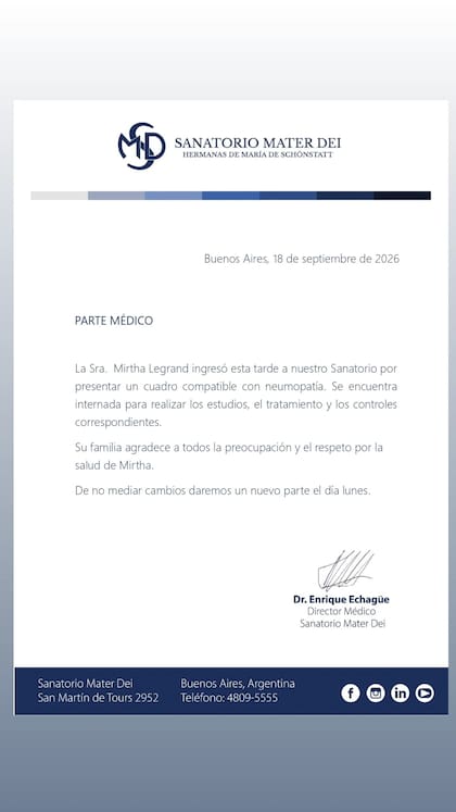 El parte médico de Mirtha Legrand tras su nueva internación en el sanatorio Mater Dei