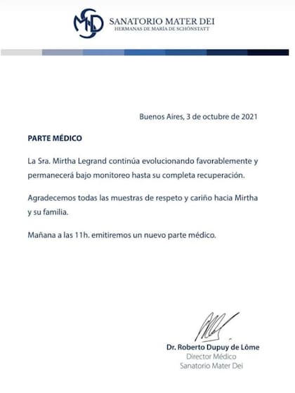 El parte médico del Mater Dei sobre la salud de Mirtha Legrand
