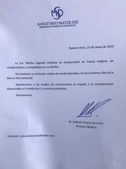 El parte médico del sanatorio Mater Dei