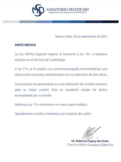 El parte médico divulgado por el Mater Dei.