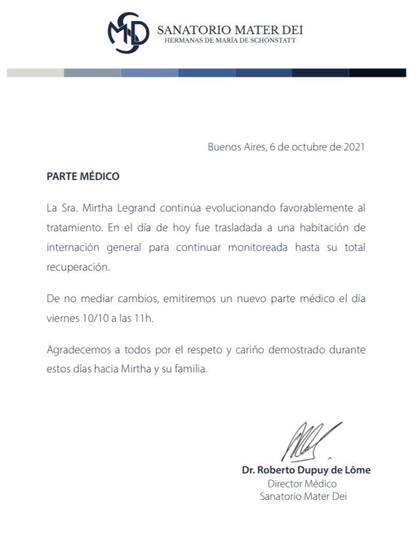 El parte médico emitido por el sanatorio Mater Dei en el día de hoy
