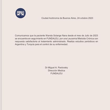 El parte médico que confirma el tipo de leucemia que tiene Wanda Nara