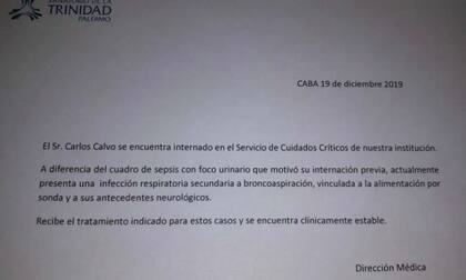 El parte médico sobre la nueva internación de Carlos Calvo