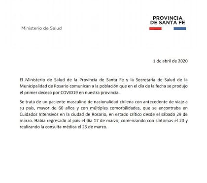 El parte oficial del gobierno de Santa Fe que confirmó la muerte
