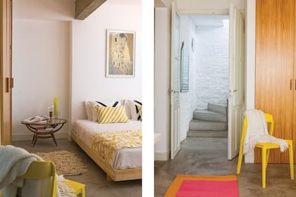 Frentes de placard de paraíso (Ramón Argüello). Cama (Paraná Muebles). Mesa baja heredada. Pie de cama (MS Deco). Alfombra (Elementos Argentinos). Silla (Kikely). Puerta de doble hojas, recuperada de la obra.