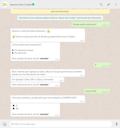En el segundo paso el chatbots pregunta cuál es el sitio de la consulta con la opción de brindar la dirección exacta o la intersección de dos calles