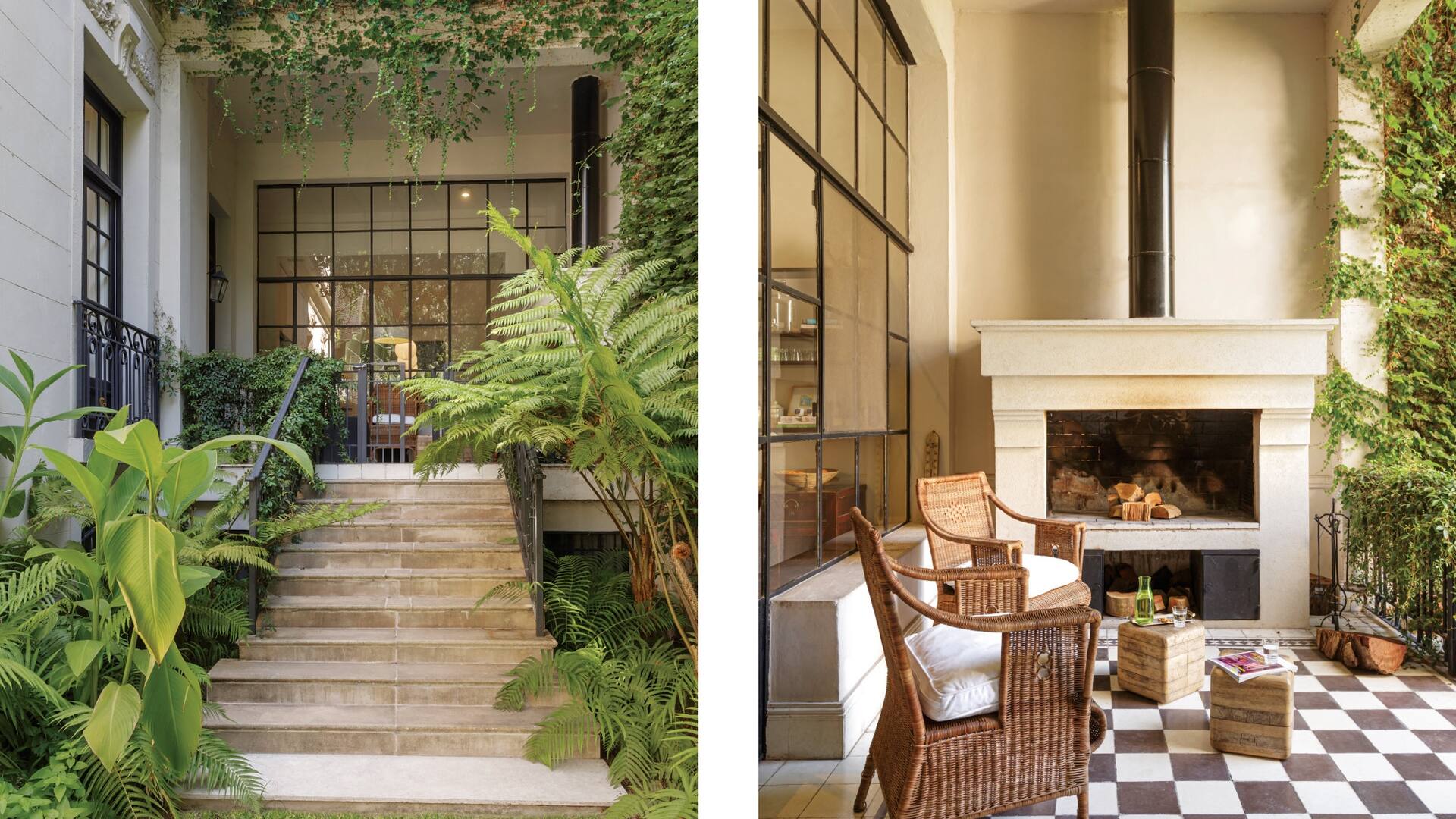 El patio con piso damero y chimenea –que es parrilla y hogar en invierno– es el nexo entre la cocina y la fronda.