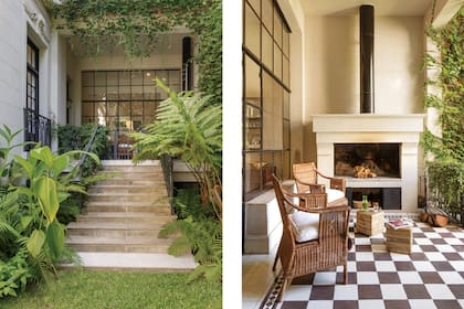 El patio con piso damero y chimenea –que es parrilla y hogar en invierno– es el nexo entre la cocina y la fronda.