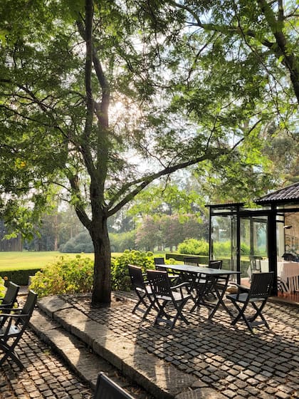 El patio y sus mesas a la sombra de los árboles: el espacio perfecto para desayunar o tomar un rico té
