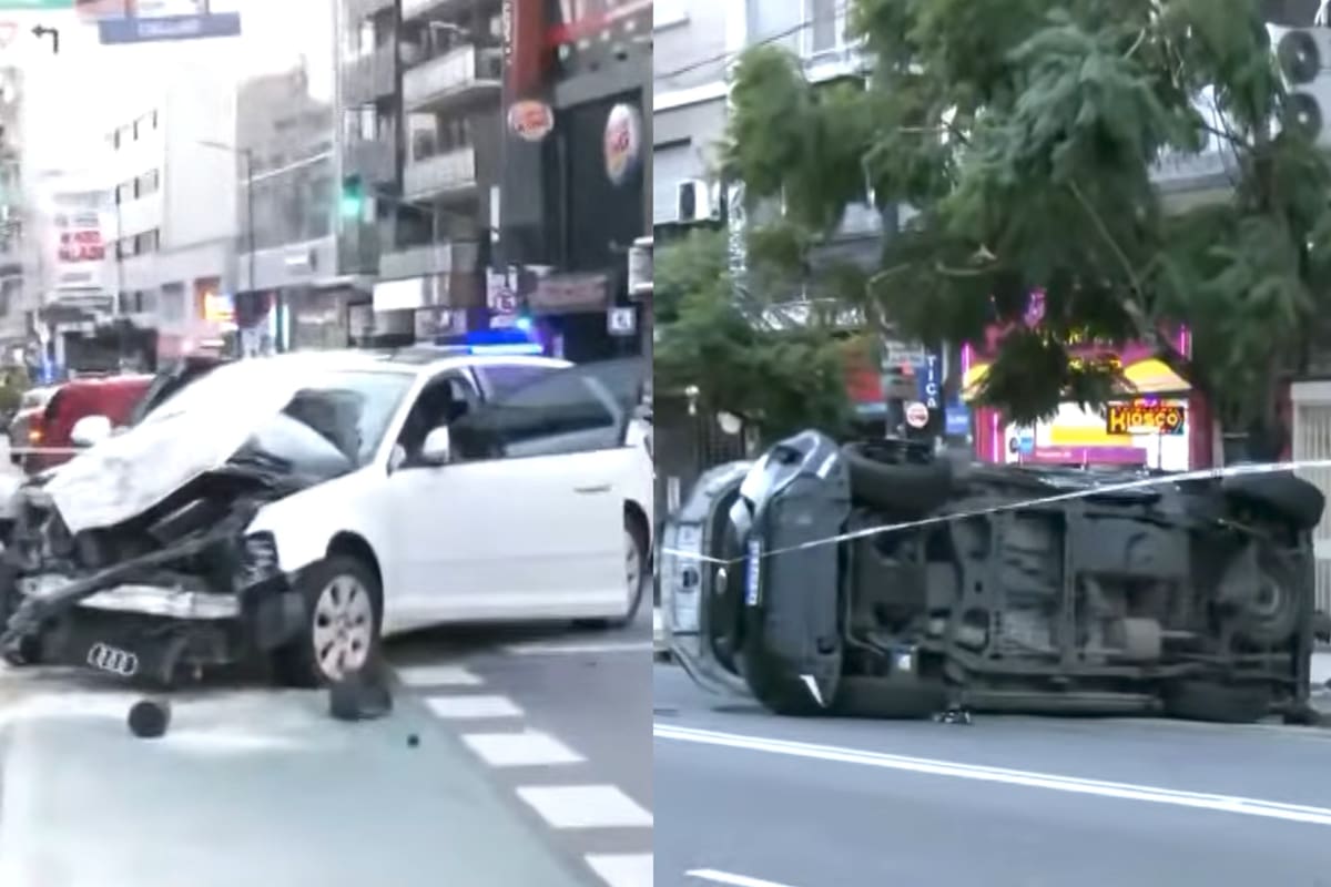 El patrullero volcó por el impacto y el auto quedó con el frente destruido