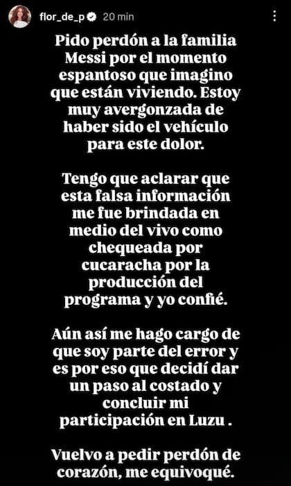 El pedido de disculpas de Flor Peña en Instagram