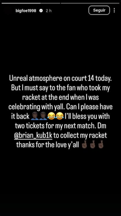 El pedido de Frances Tiafoe en Instagram
