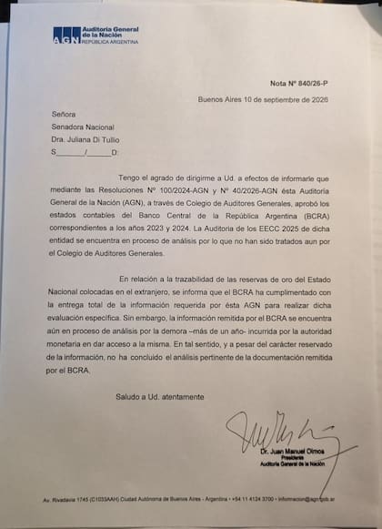 El pedido de informe de la AGN por el depósito de oro que hizo el Banco Central