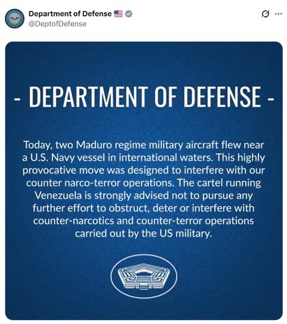 El Pentágono denunció la "maniobra provocadora" de Venezuela en un comunicado oficial (Fuente: X: @DeptofDefense)
