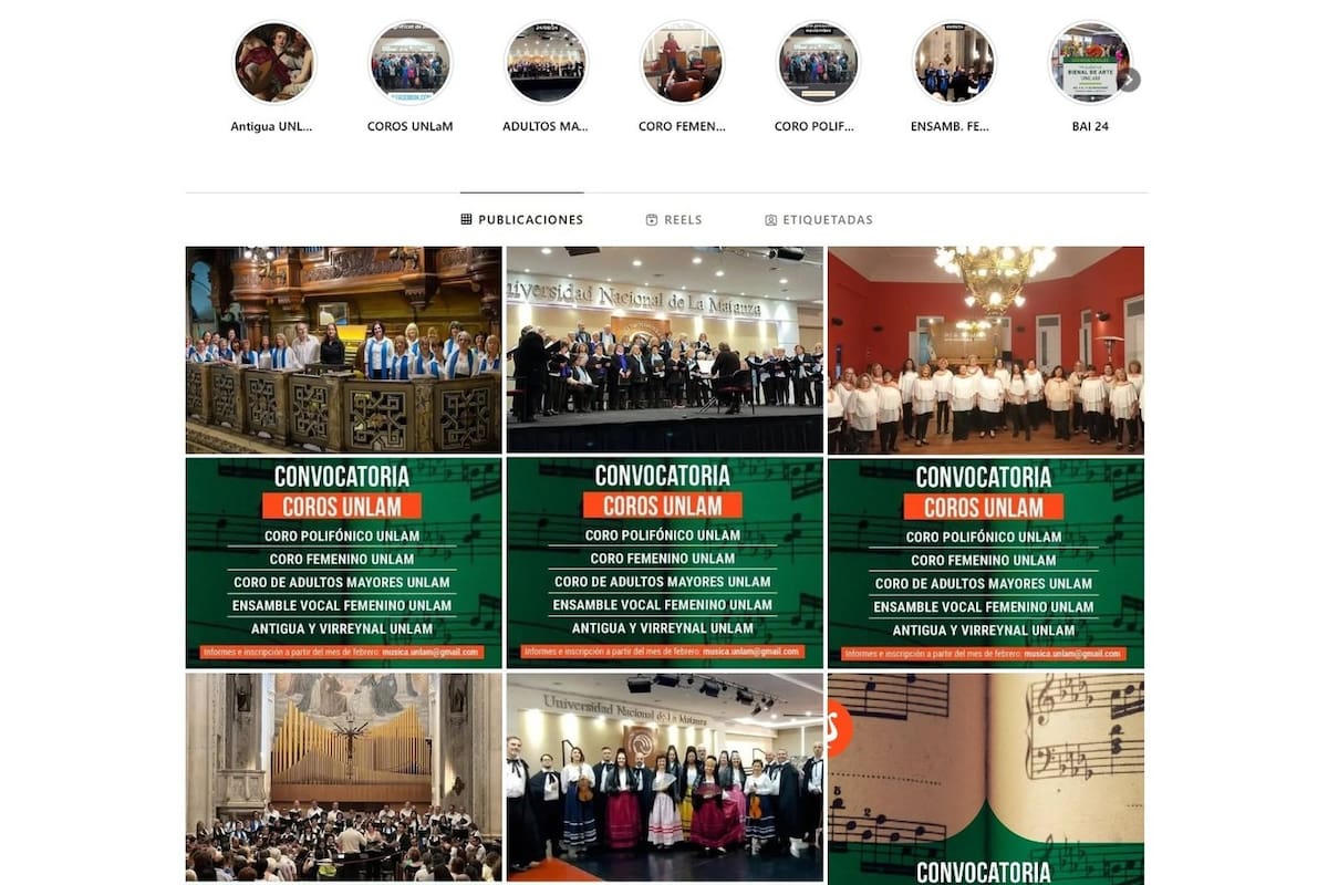 El perfil de Instagram del Grupo Vocal de Cámara Antigua y Virreinal de la Universidad Nacional de La Matanza