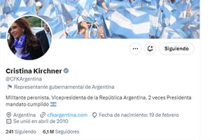 El perfil de Twitter de la vicepresidenta Cristina Fernández de Kirchner, donde la siguen más de 6.1 millones de personas