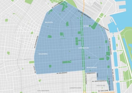 El perímetro en celeste corresponde a la zona donde actualmente se cobra por estacionar; allí se reemplazarán los parquímetros