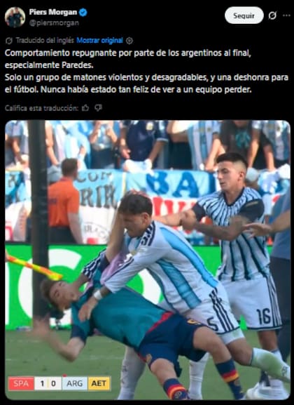 El periodista británico, Piers Morgan, dijo que la conducta de los jugadores argentinos tras la derrota ante España fue "repugnante"