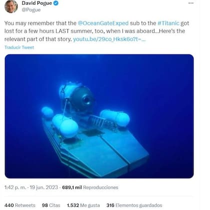 El periodista de CBS David Pogue estuvo en Titan el año pasado y aseguró que el sumergible estuvo dos horas y media perdido