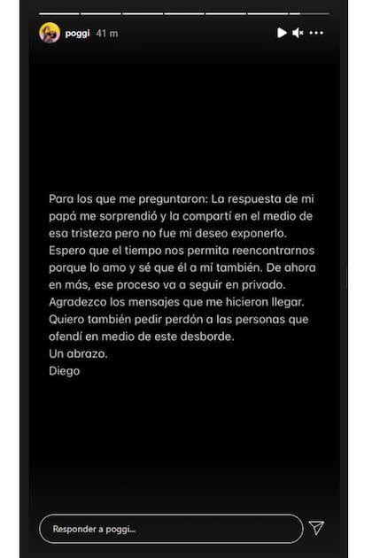Diego Poggi compartió un descargo tras el revuelo que causó la dura respuesta de su padre