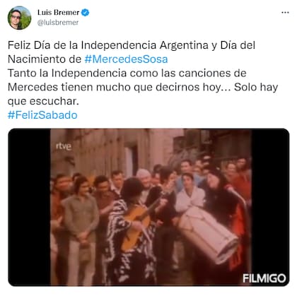 El periodista Luis Bremer publicó un video de Mercedes Sosa (Foto: Twitter @luisbremer)